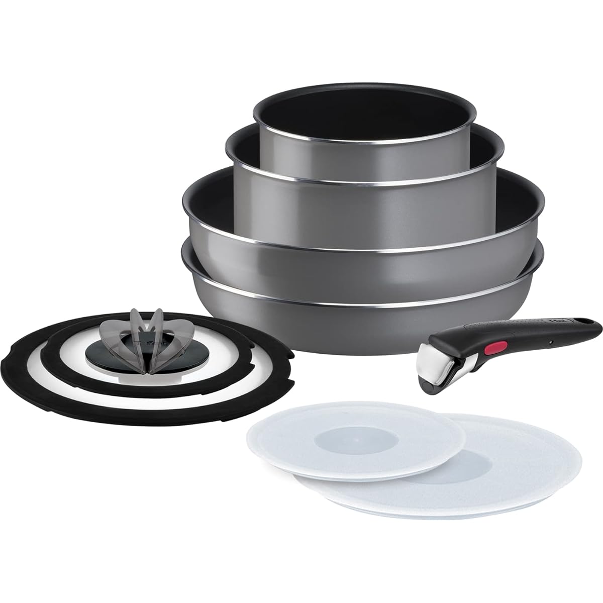 [Online Only] Tefal Pot and Frying Pan Set with Removable Handles, 9 Piece Set, Gas Fire Compatible, "Ingenio Neo Phrase Gray", Non-Stick, Gray L16199