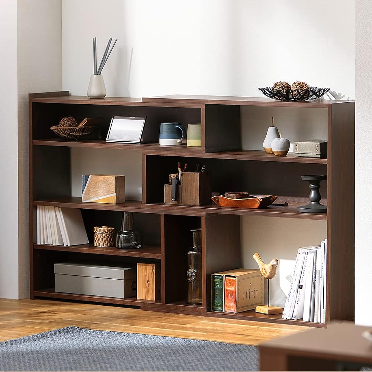 IRIS OHYAMA Shelf Rack Telescoping Open Shelf Width 83~139cm Height 80cm Depth 24cm Low Type Walnut Telescoping and width and angle adjustable Slim rack with depth 24cm Can also be used as a partition or partition WSLR-800