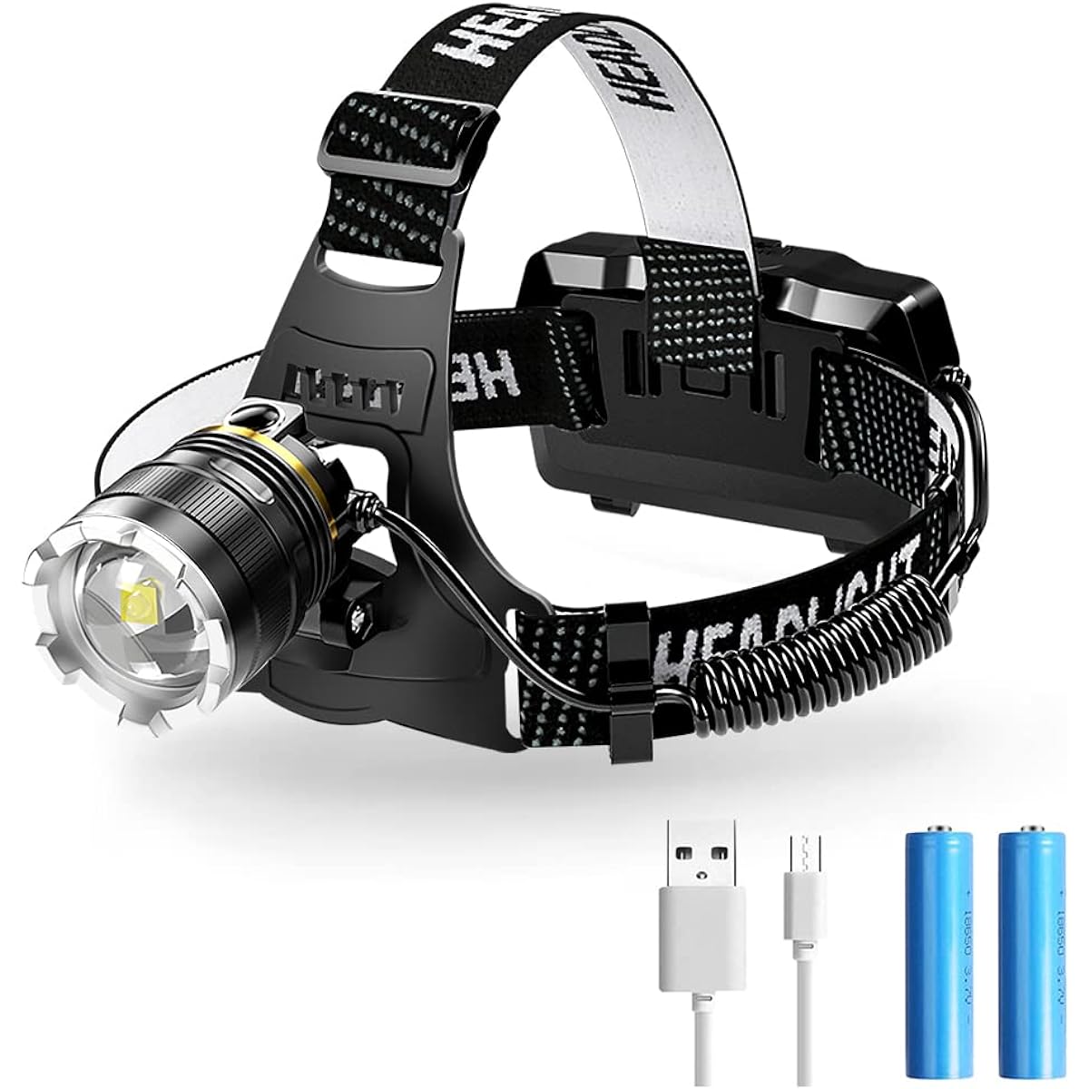 LED headlight, USB rechargeable, headlamp for fishing, the strongest 1600 lumens, waterproof, 2 18650 batteries, 90° adjustable, ideal for mountain climbing, running, and disaster prevention power outages (head-mounted light)