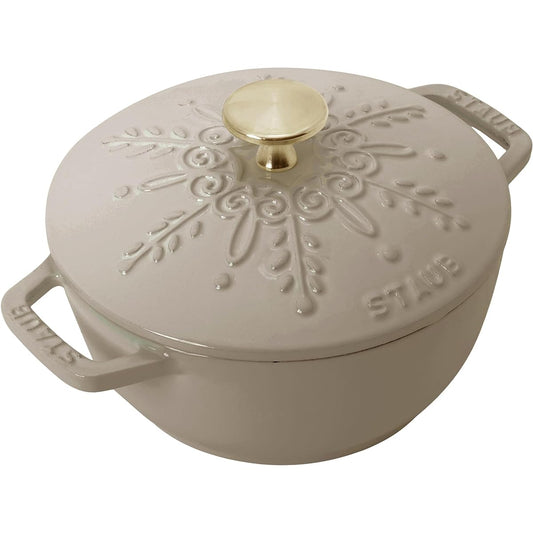 staub "Snowflake Wa-NABE Linen S 16cm Brass Knob Specification" Two Hand Cast Enamel Pot Rice Cooker 1 Cup IH Compatible [Authorized Japanese Product with Serial Number] Snowflake Wa-NABE Linen Brass Knob Z1023-9