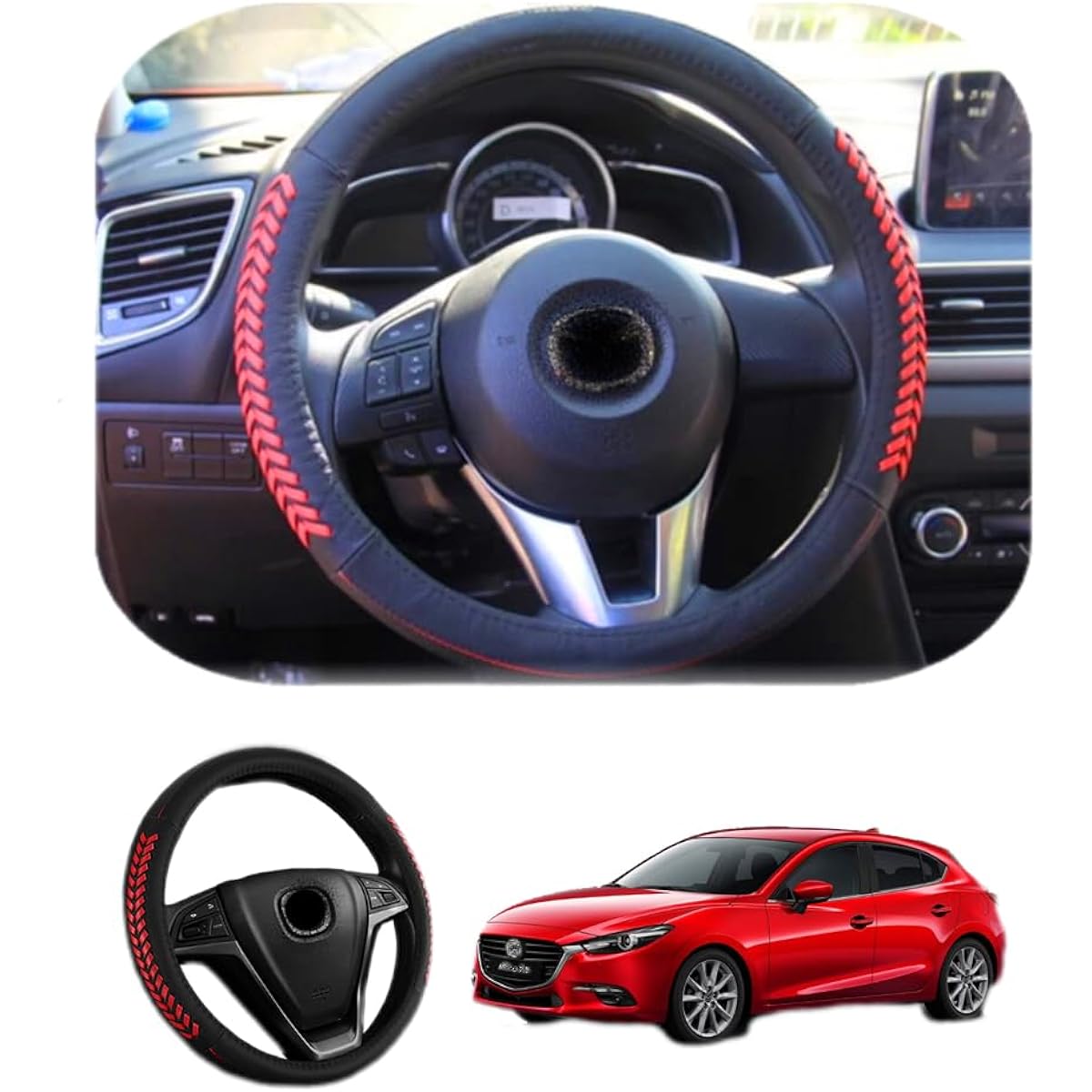 vesul Gloves Leather Steering Wheel Cover for Mazda 3 Axela 2013 – 2015 , red