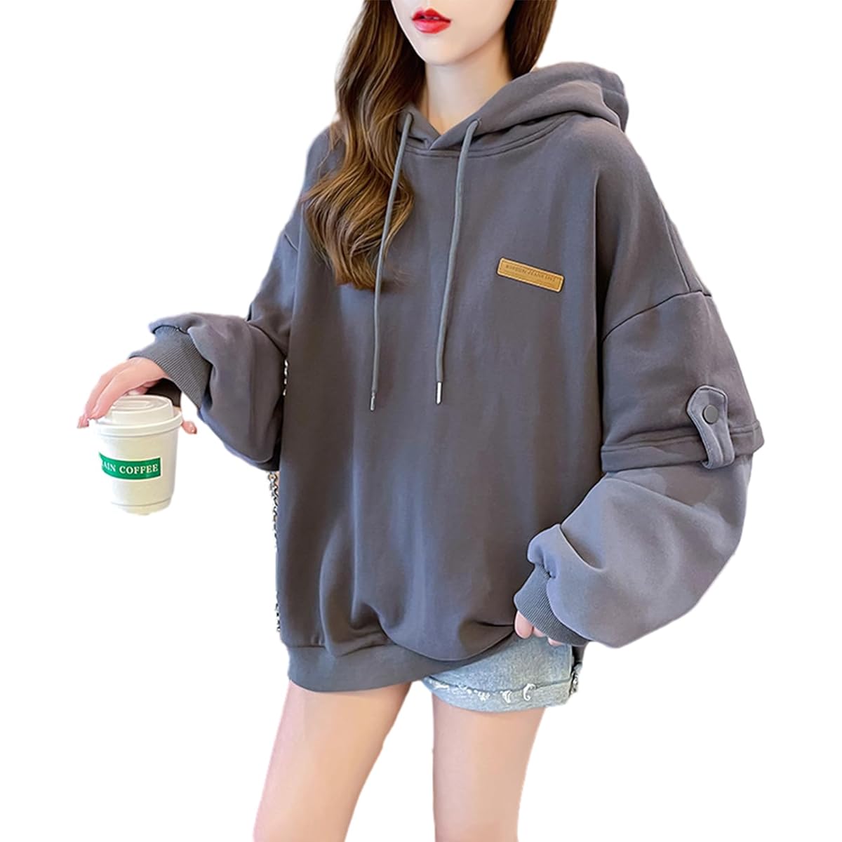 [MaadeaNoeTe] Women's Parka, Sweatshirt, Hooded, Switchable, Women's Top, Long Sleeve, Large Size, Slimming, Cute, Fashion, Pretty, Casual, Korean Style, Commuting, Simple, Autumn, Winter