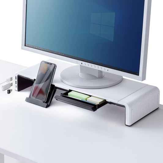 Sanwa Direct Monitor Stand Drawer with USB Hub (Type-C x 1, Type-A x 2) Width 52/47/42cm Load Capacity 10kg Type-A Connection 100-MR189BW