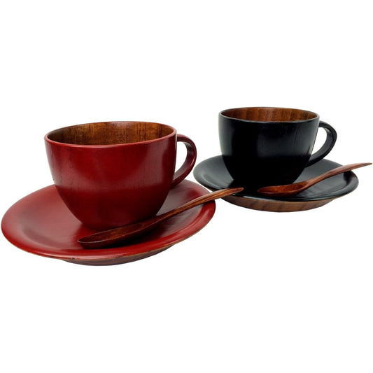 Nakatani Brothers Company Yamanaka Lacquerware Coffee Cup Pair Round Ancient Vermilion/Black (Plate and Spoon Included) W89-8