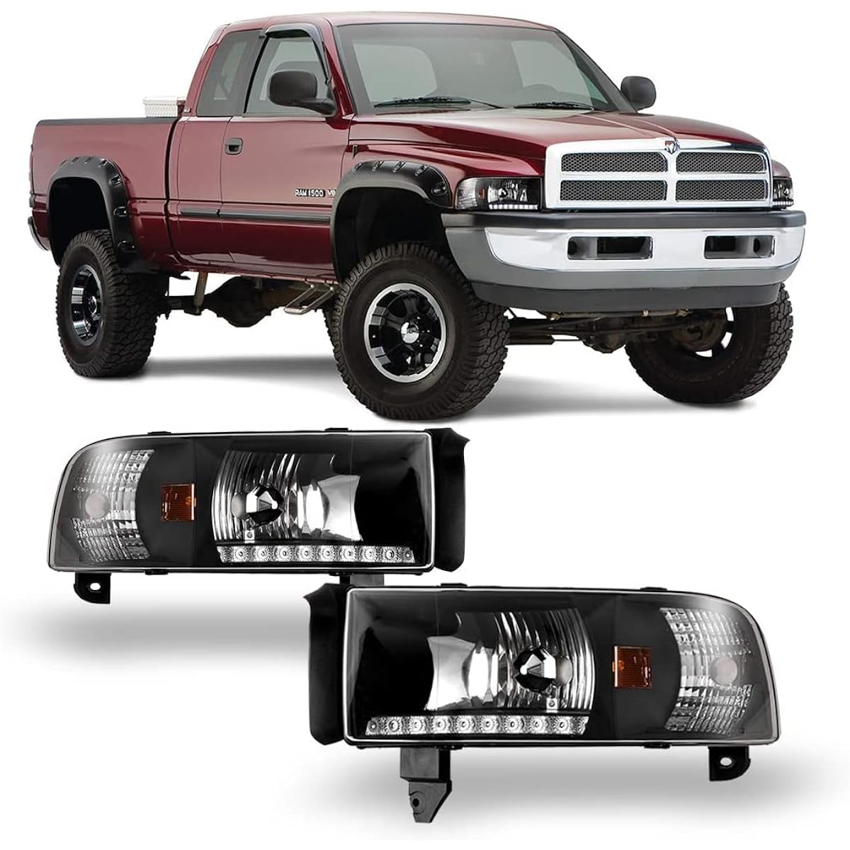 Winjet Headlight 1994-2001 Dodge Lamb 1500 Factory Style Black Clear Lamp Acembrelikit Drying Light | 1995 1997 1997 1997 2001 2001