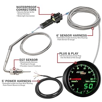 MAXTOW Double Vision 1500 F Pilometer Exhaust Gas Temperature EGT Gauge Kit -Type K Probed -Black Gauge Face -Green LED Dial -Analog & Digital Read -Diesel Trucks -2-1/16 inches 52mm