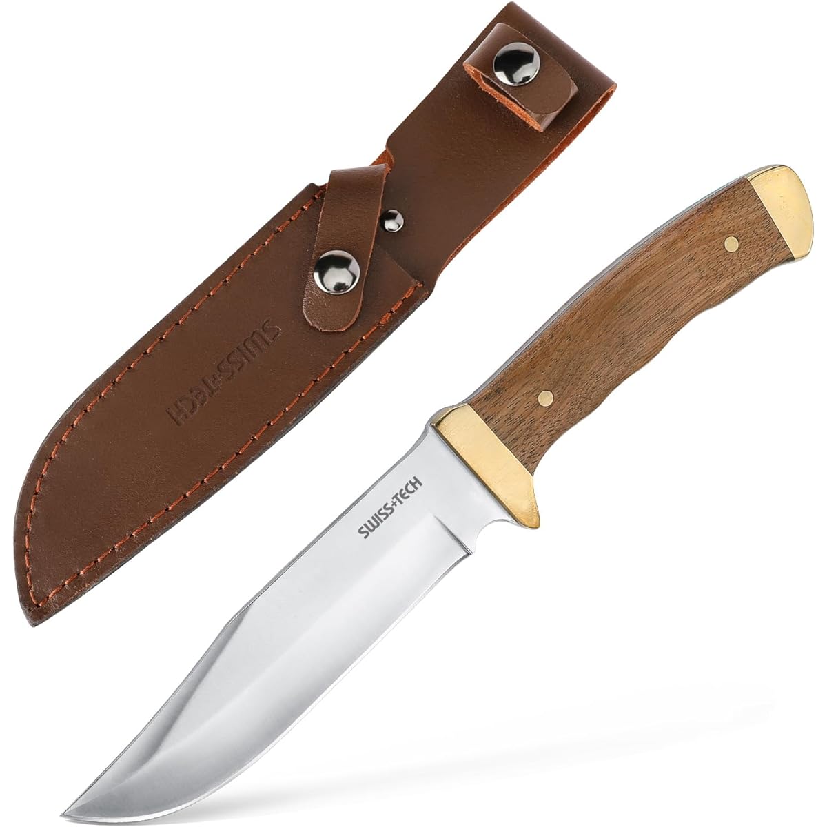SWISS+TECH Knife, Sheath Knife, Outdoor Knife, Camping Knife, Full Tang Structure, Natural Wood Handle, Blade Length Approximately 13cm, Case Included