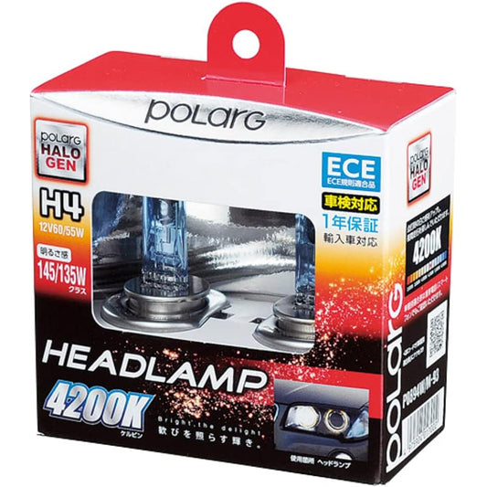 Nissei Kogyo POLARG High Efficiency Halogen Bulb for Headlamp 12V 60/55W H4 4200K 2 Pieces M-93 P0894W Compatible with Imported Cars, European and American ECE Regulations, E Mark Vehicle Inspection Compatible, Reliable Genuine Bulb Manufacturer