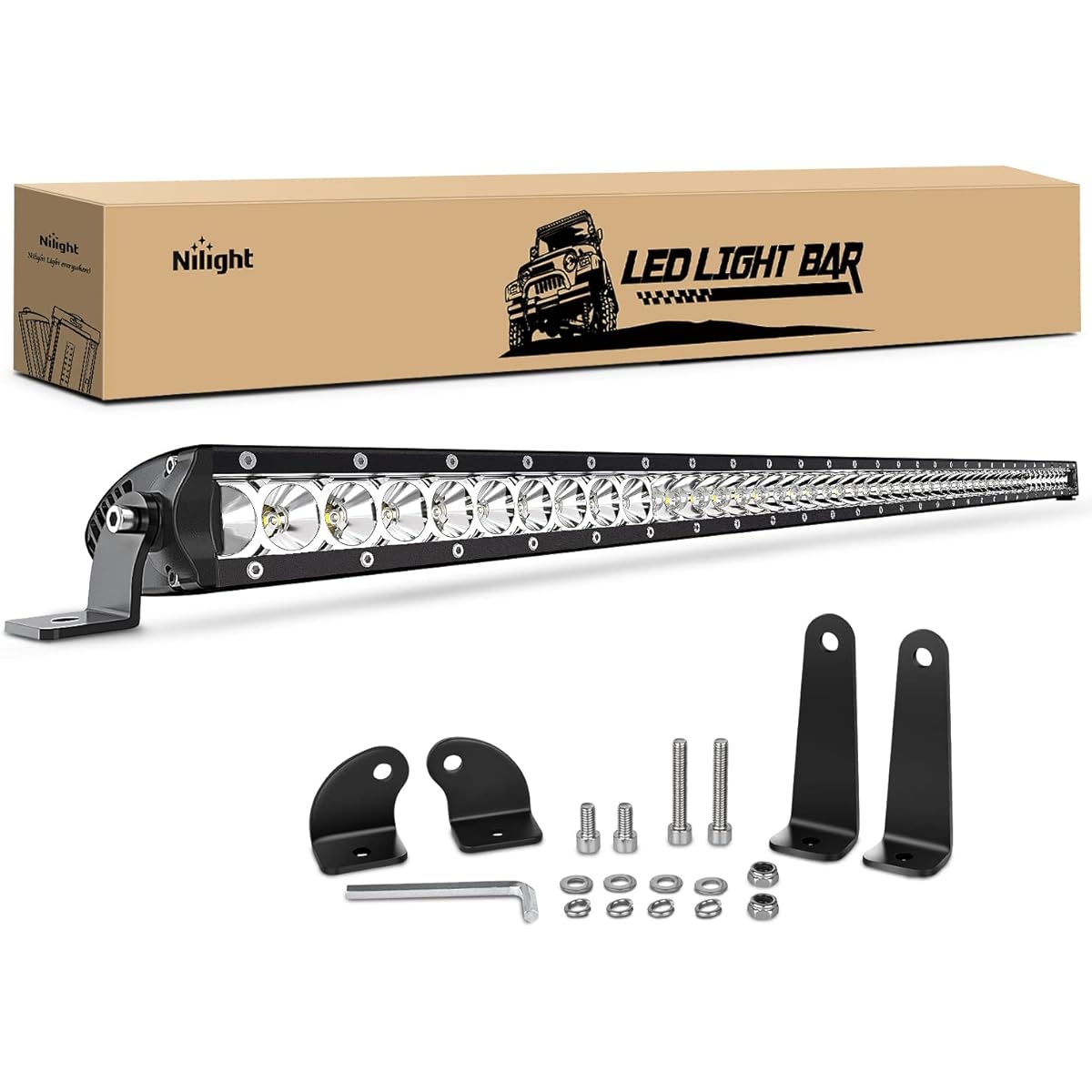 NILIGHT LED light bar 41 inch 200 W spot flood combo SINGLE ROW 19000LM Off Road 3D Fog Driving Light Roof Bumper Light Bar Jeepford Track Boat, 2 Year warranty