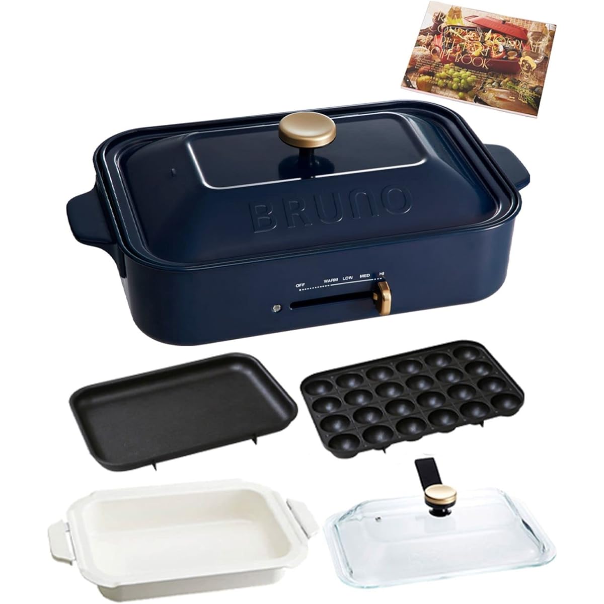 BRUNO Compact Hot Plate Main Unit 3 Types of Plates (Takoyaki Ceramic Coated Pot Flat) Glass Lid Recipe Book Included Navy Navy Stylish 1 Unit Temperature Adjustment For 1, 2, 3 People, Small Groups, Living Alone, Father's Day Present, Gift Gift BOE021-N