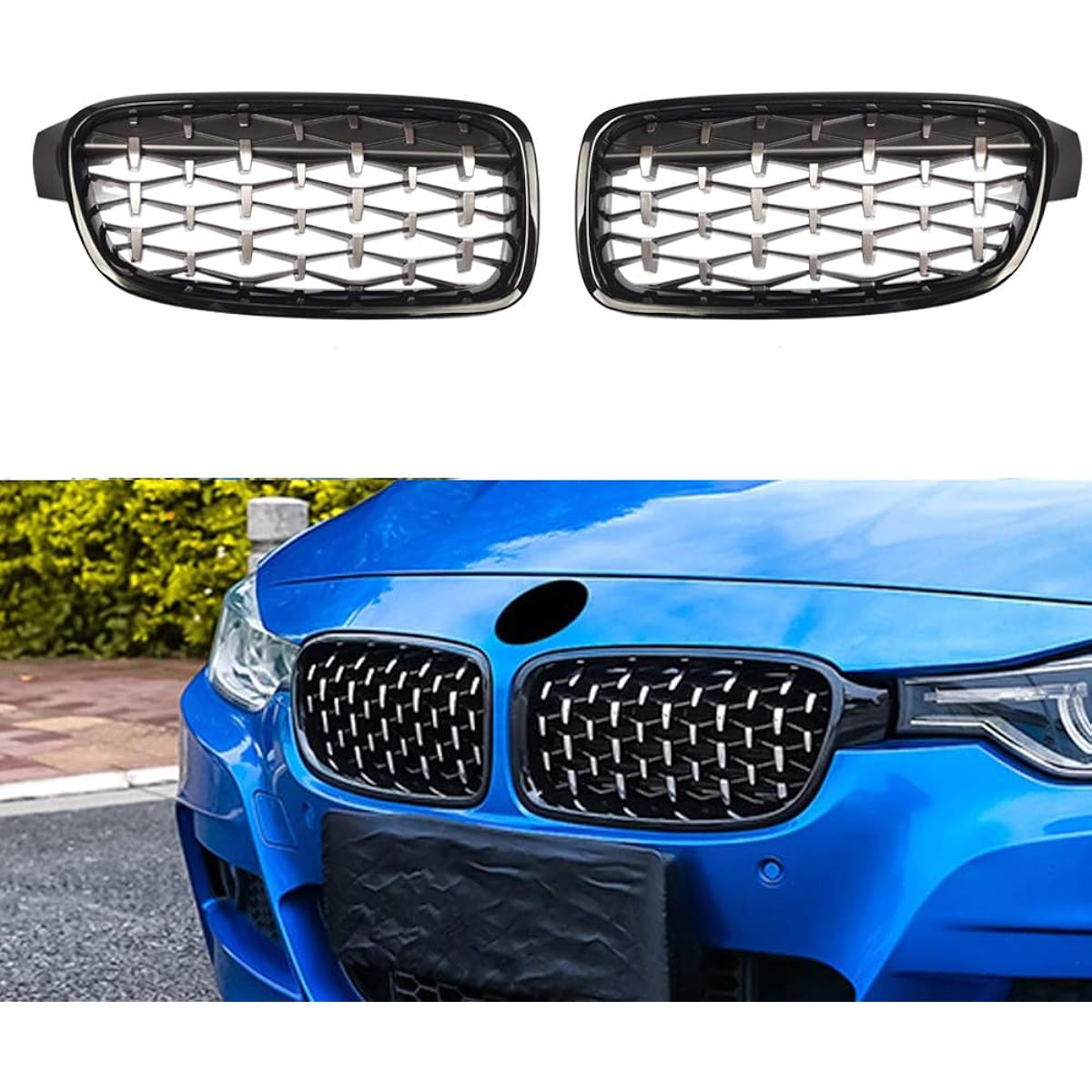 DASBECAN Front Grill Kidney Grill replacement BMW 3 Series F30 F31 F35 2012-2018 Black Frame Silver Net