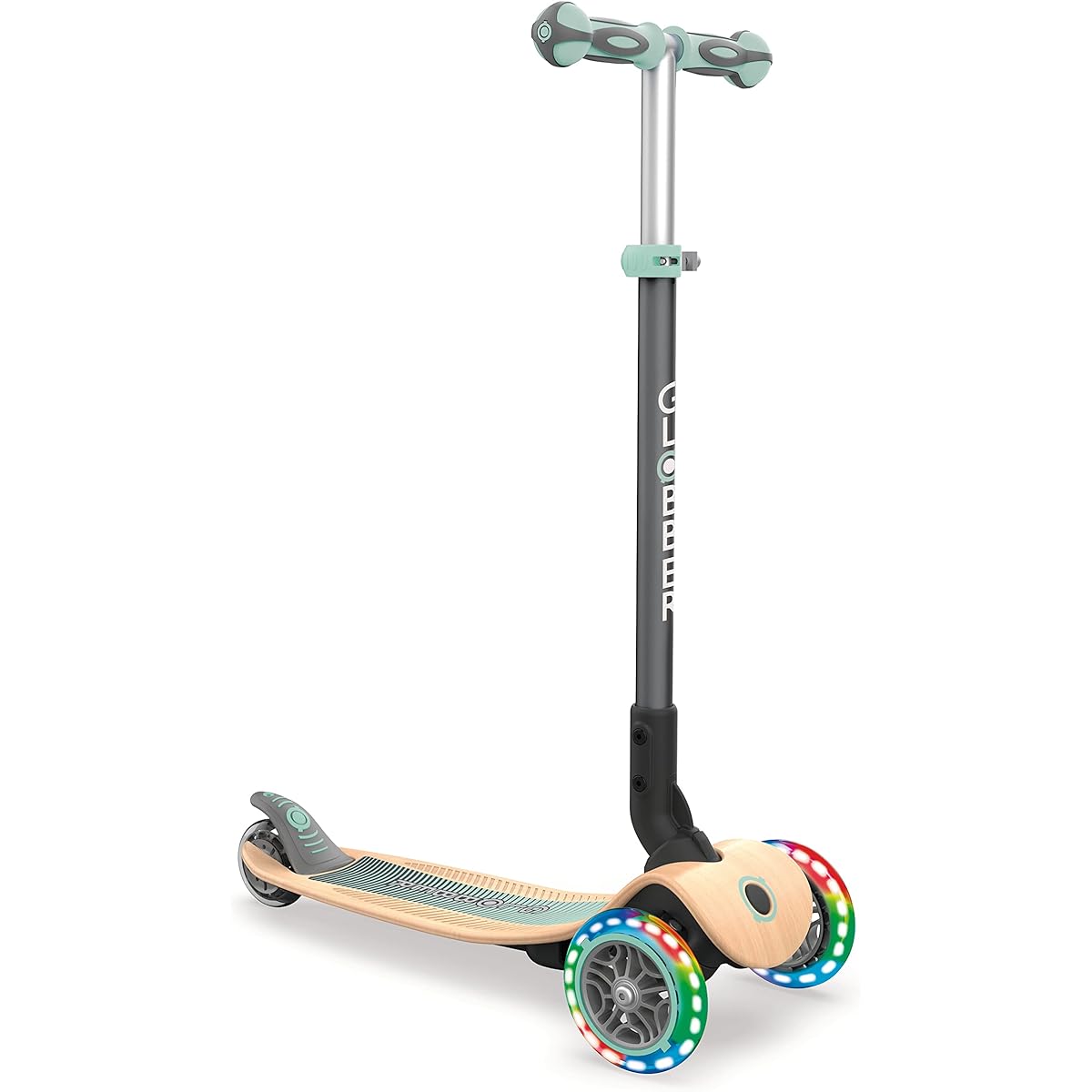 GLOBBER Kickboard Flash Glowing 3 Wheel Wood Deck Foot Brake Outdoor Play Children Vehicle Kick Scooter Primo/Foldable/Wood/Light Mint WLGB436206