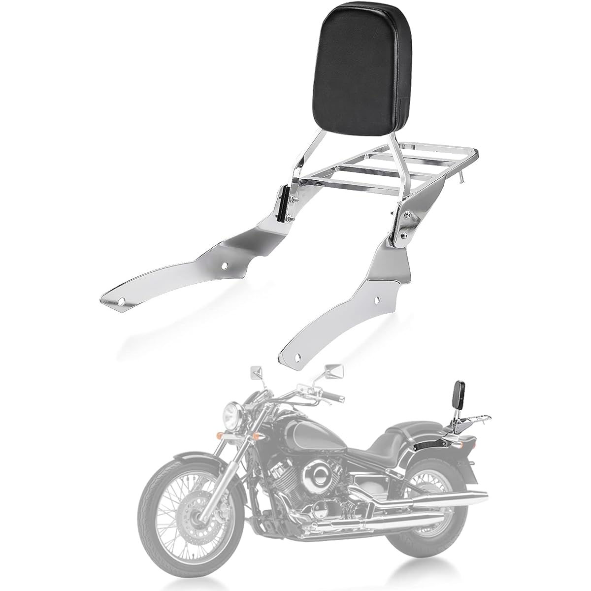 Chrome backrest seabar luggage rack with backrest pad Yamaha V-STAR 650 400 Custom 1996-2011