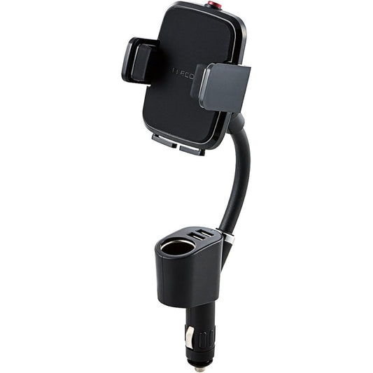 Elecom P-CARS04BK Car Holder, Smartphone Stand, Cigarette Lighter Socket Type, Compatible with Width 1.8 - 3.5 inches (4.5 - 9 cm), Includes 2 USB Ports, 4.8 A, Black