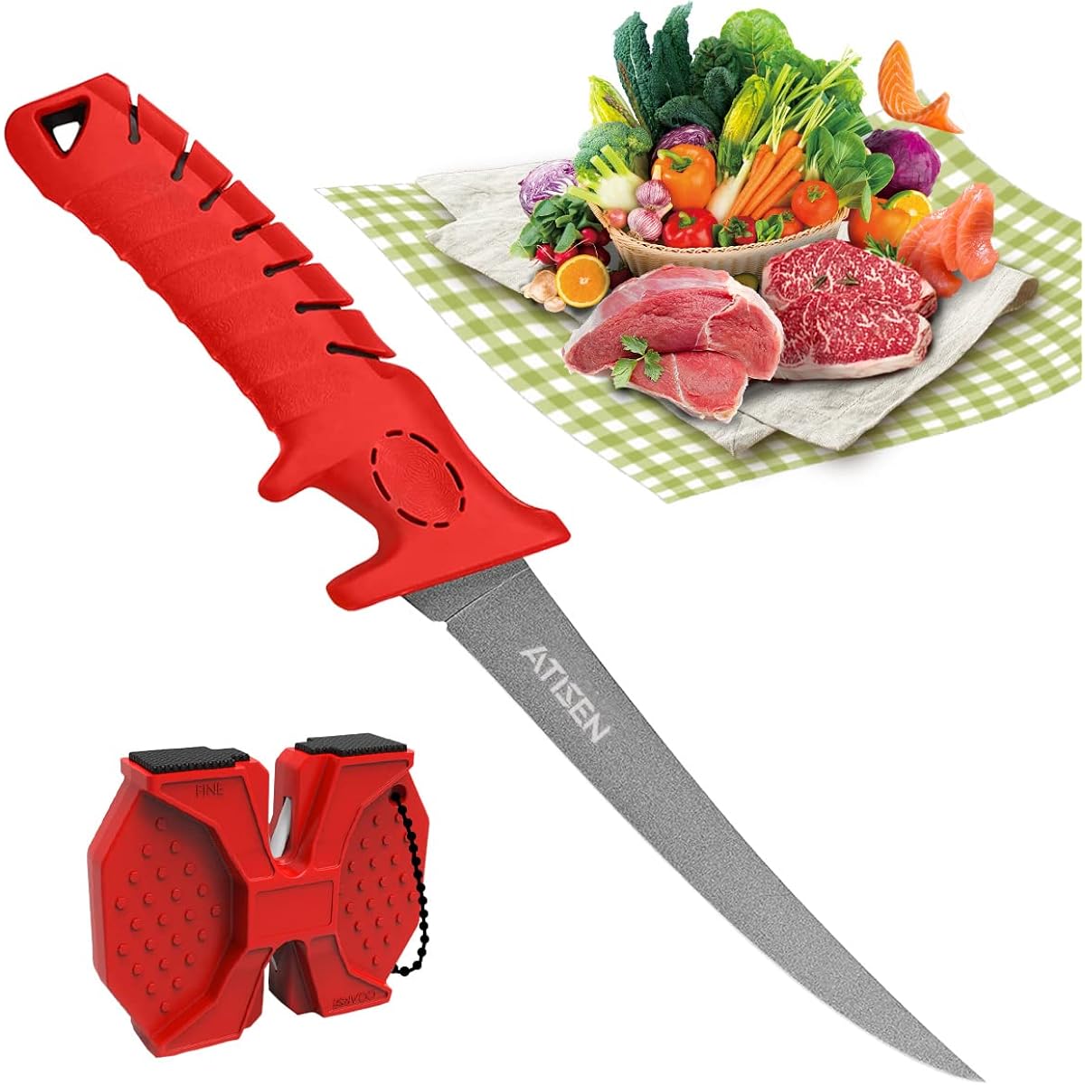 ATISEN fishing knife, Razor Sharp G 4116 German stainless steel 17.8 CM blade with anti-rust coating, non-slip handle, including protective cover + cutting edge, suitable for fresh or salt water