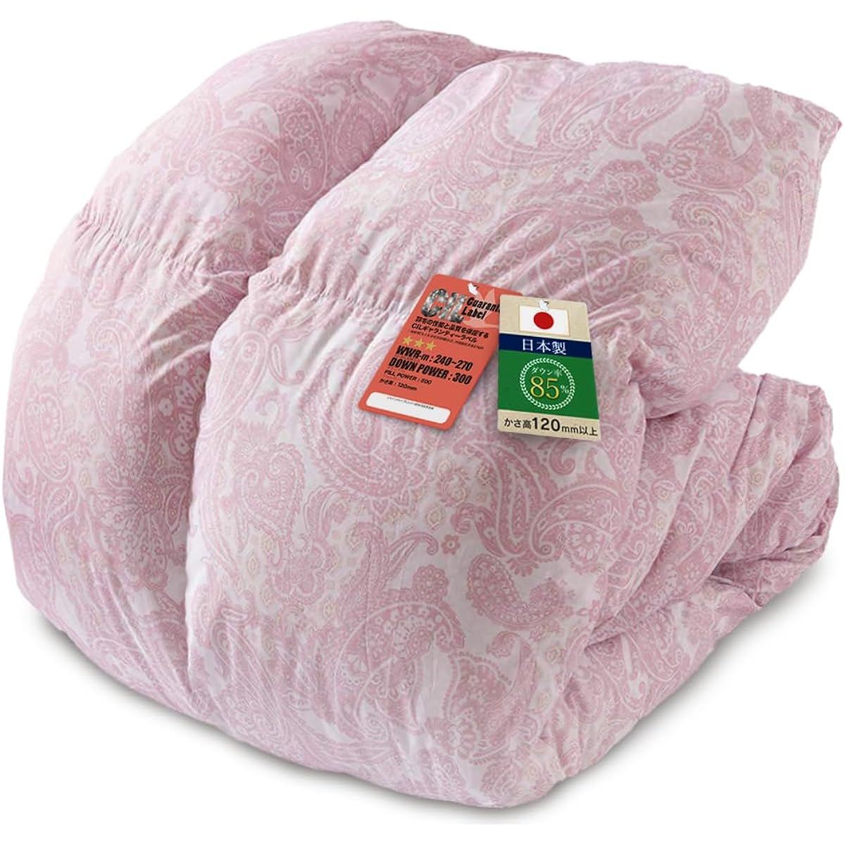 Iris Plaza Duvet, Single, 85% White Duck Down, Made in Japan, CIL Red Label, Plenty of Volume, Reduced Allergens, Domestic Washing, Antibacterial and Odor Resistant, Power Up Treatment, Soft, Paisley Pattern, Pink