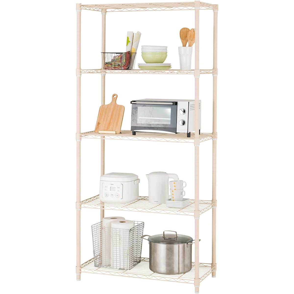 Doshisha Luminous Latte Storage Rack, Beige, 5 tiers, Width 80, Stylish, Gentle color that blends well with your room, Steel Rack, Shelf, Overall load capacity 400kg, Width 81 x Depth 41 x Height 174cm, Water and scratch resistant Kitchen rack, Pole diam