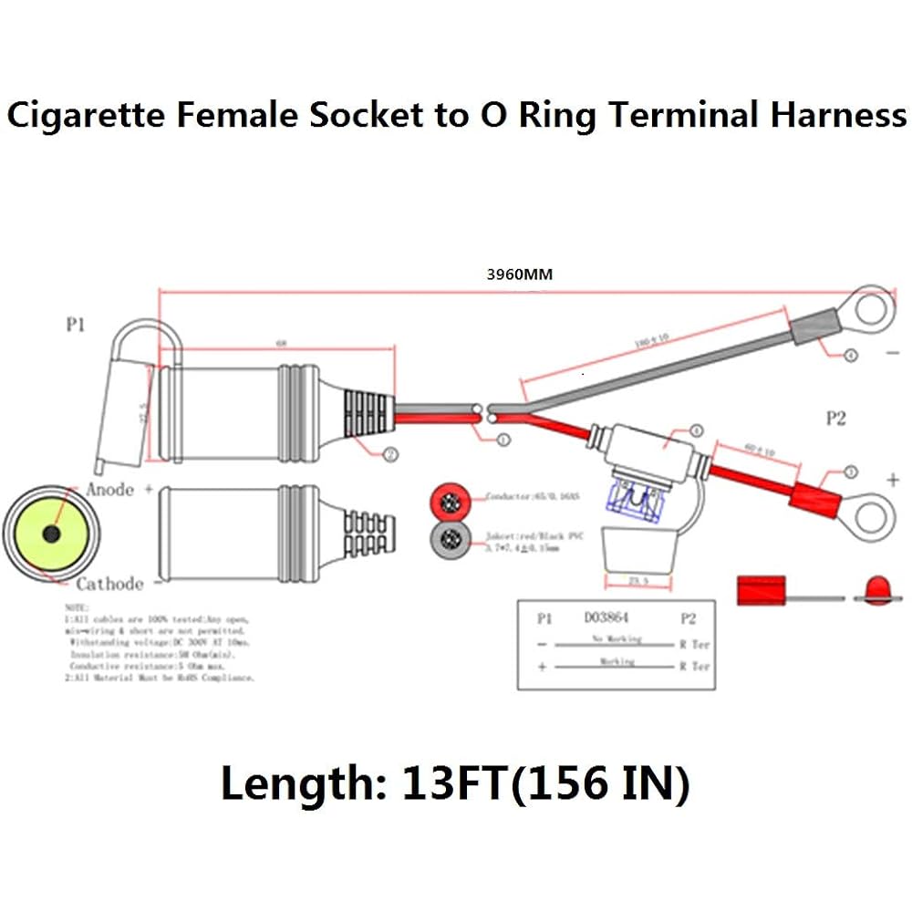 13 feet 12V female cigarette writer socket battery battery eyelet ring terminal 12 bolt extension cord outlet adapter plug power supply power power DC Cigarette charger Charger accessories kit 15 fuse (13 feet)