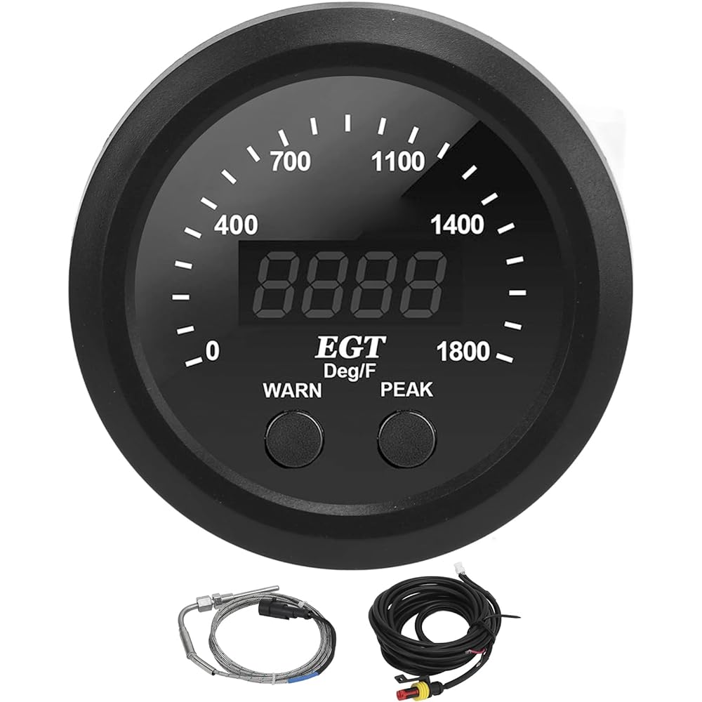 EGT Gauge Kit Automotive Exhaust Gas Thermometer 2‑1/16in 52mm Ultra Thin 0‑1800℉ Red LED Universal EGT Gauge with Sensor