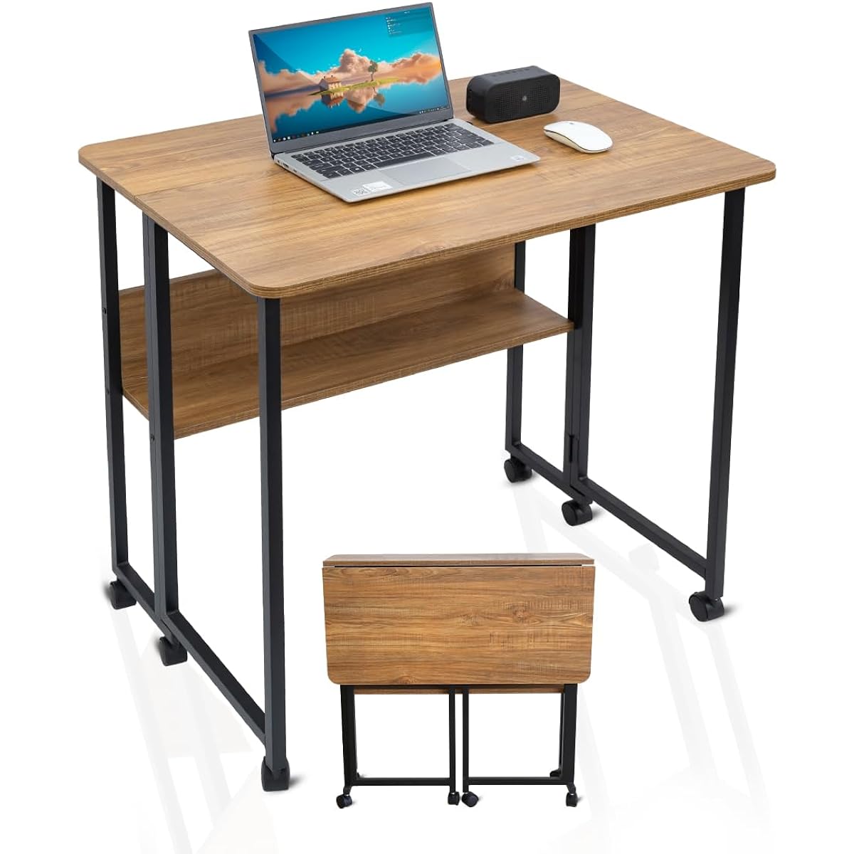 Bidesen Folding Desk PC Desk Width 80x Depth 58x Height 75cm Space Saving Desk Folding Multifunctional Folding Desk with 360° Casters/Adjustable Foot Pad (Walnut Color)