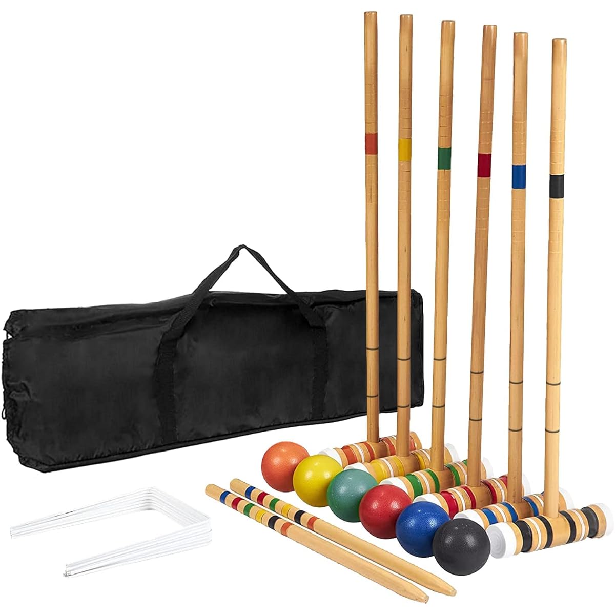 aleawol Kids Beginner Gateball Stick Head Case Set Wooden Croquet Set for 6 Players with Mallets, Colored Balls, Wickets, Stakes and Tote Bag Classic Backyard Lawn Recreation Game Suitable for Adults Kids Family