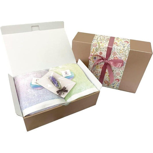 Imabari Towel Certified Original Gift Set, Wrapped Bath Towel, Made in Japan, 60 x 120 cm, 100% Cotton, Gift Box, Wrapping Paper, Mini Bouquet Included, Family Gift, Wedding Gift, Baby Gift, Housewarming Gift (2 Bath Towels, Purple x Green (Aurora))