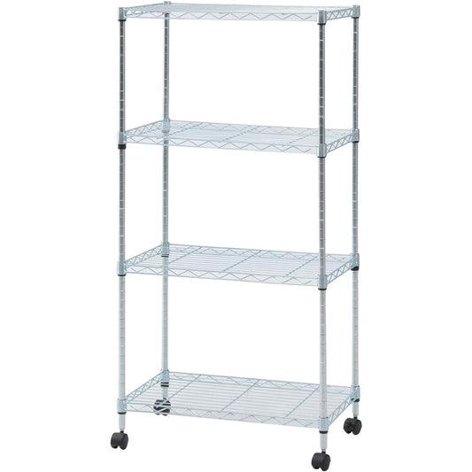 Fuji Boeki 91786 Metal Rack 4 Tiers Width 60 x Depth 35 x Height 122.5cm Chrome Steel Rack Pole Diameter 19mm Casters Included