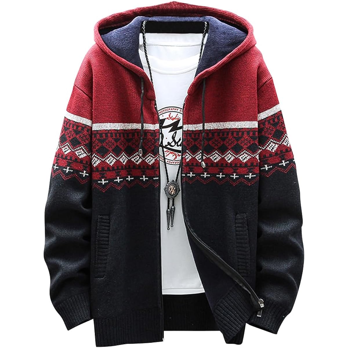 [Ressh.N] Knit Parka Men's Spring/Autumn Fleece Lined Warm Ortega Pattern Sweater Zip Parka