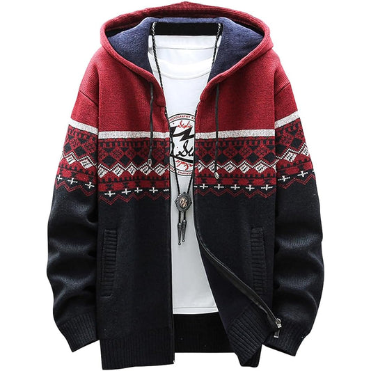 [Ressh.N] Knit Parka Men's Spring/Autumn Fleece Lined Warm Ortega Pattern Sweater Zip Parka