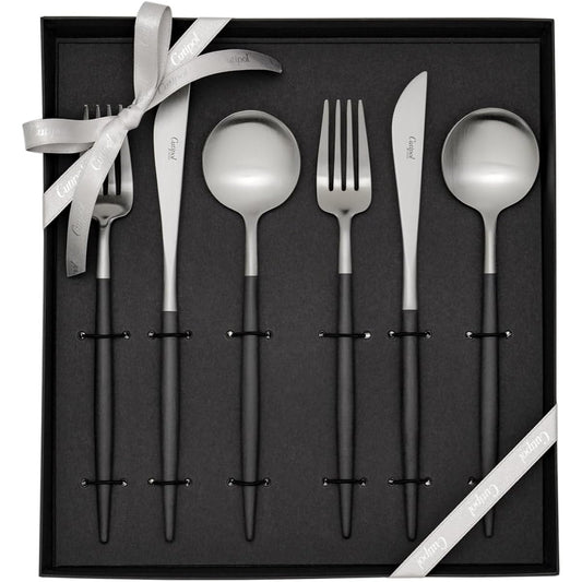 Genuine Cutipol GOA Black/Matte Silver Dinner (knife/fork/spoon 2 each) 6-piece set with genuine ribbon hanger in presentation box