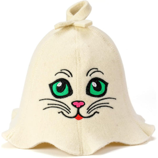 Natural Sauna Hat "Sauna Kitten" White/Gray 100% organic wool material makes you feel like you're in a Russian sauna - Protects your head from the heat - English e-book about saunas Comes with guide – embroidered