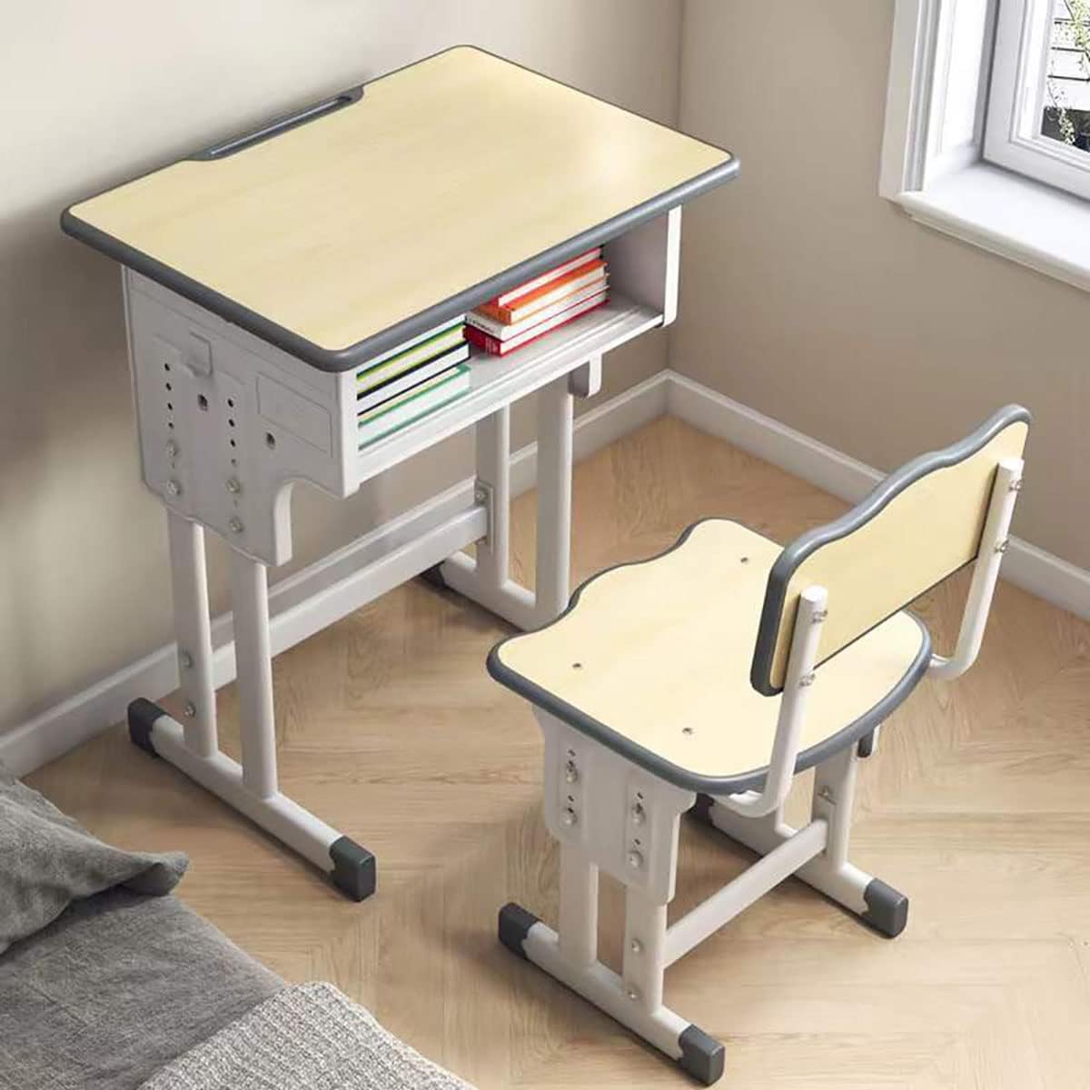 Study Desk, Multifunctional, Children's Study Desk Set, Kids Desk Set, Desk and Chair Set, Study Desk, Height Adjustable, 4 Levels, Stationery Storage, Can Be Raised and Lowered, Stylish, Safe and Secure Design, Children's Room, Large Capacity Tray Inclu