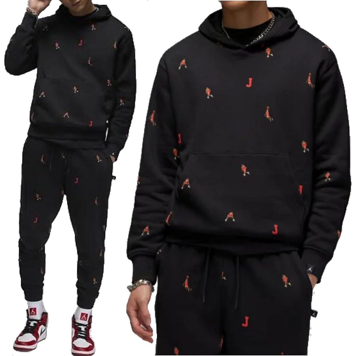 [Nike] Men's Top and Bottom Set Sweatshirt Jordan Essential Pullover Hoodie Fleece Hoodie x Sweatpants Setup Holiday Jumpman Black/Red DV9393-010/DV9391-010 Domestic Genuine Product