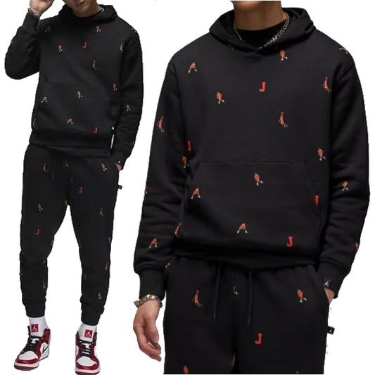 [Nike] Men's Top and Bottom Set Sweatshirt Jordan Essential Pullover Hoodie Fleece Hoodie x Sweatpants Setup Holiday Jumpman Black/Red DV9393-010/DV9391-010 Domestic Genuine Product
