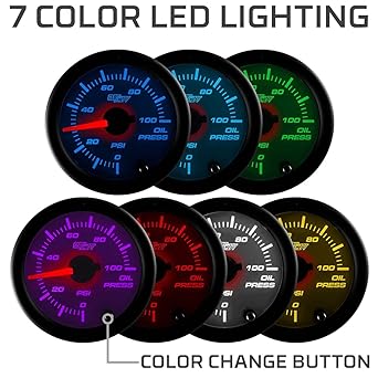 GLOWSHIFT White 7 Color 100 PSI Hydraulic Gauge Kit With Electronic Sensor White Dial Clear Lens Car & Truck 2-1/16 inch 52mm