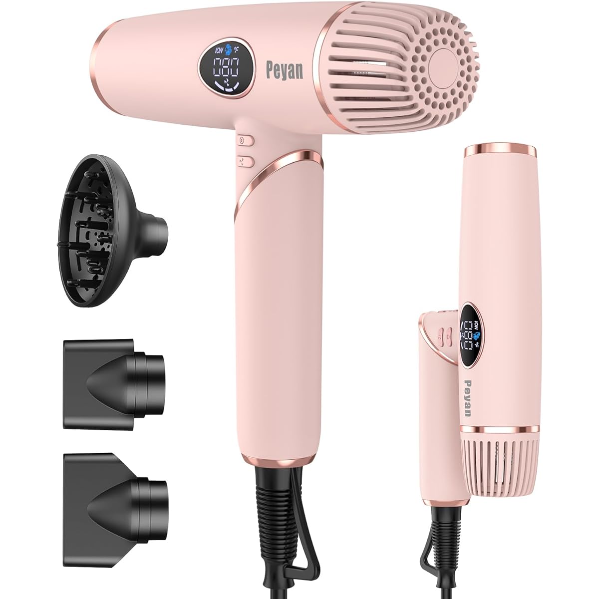 Slopehill Foldable Hair Dryer, Large Air Volume, Quick Drying, 2000W, Negative Ion Hair Dryer, High Speed 110,000 rpm, HD LCD, Automatic Cleaning Function, Comes with Magnetic Nozzle, For Home Use/Beauty Salon Use/Travel Use, 348g, Ultra Light, Compact