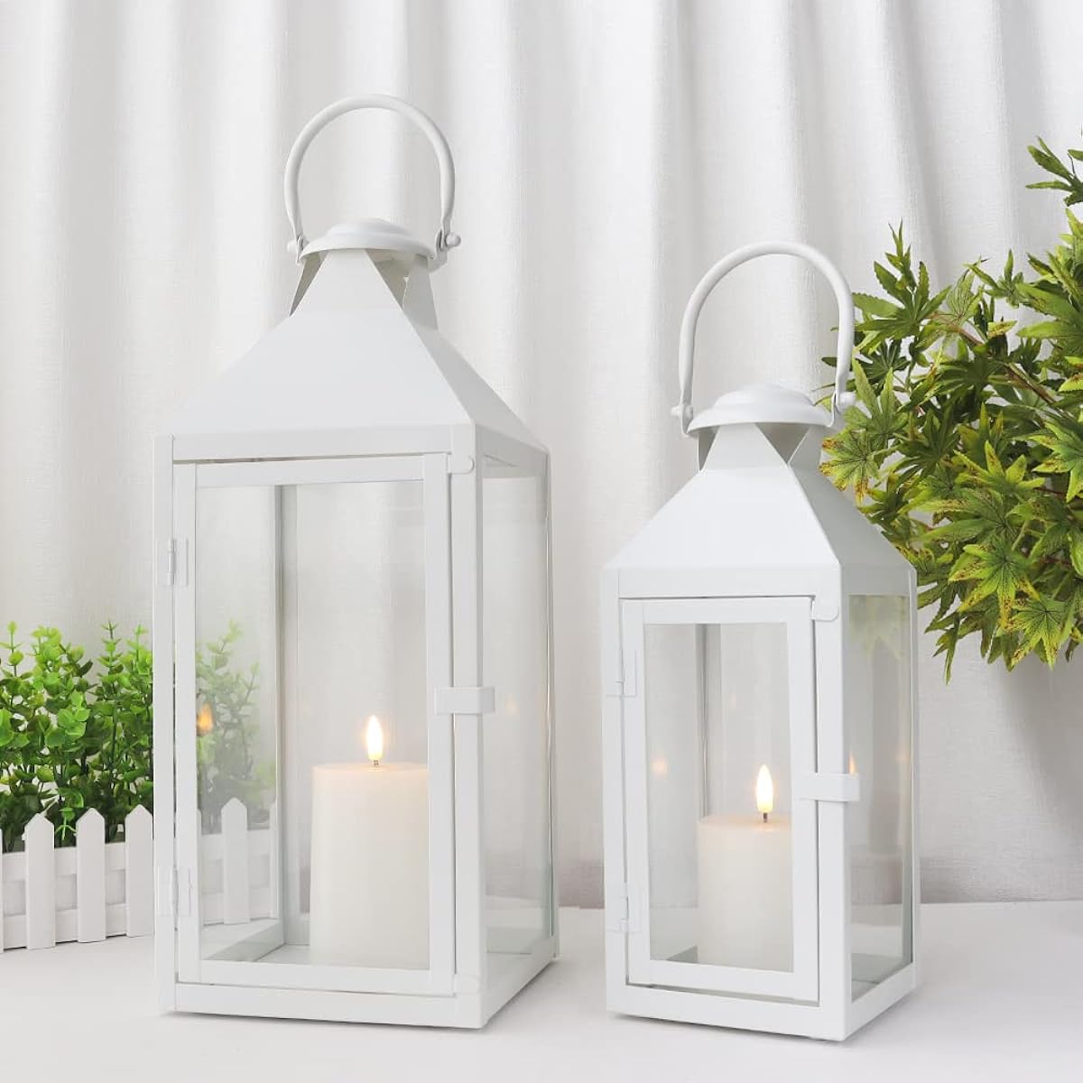 JHY DESIGN Set of 2 Candle Holders Height 45/24cm Retro Style Metal Candle Lantern Stylish Indirect Lighting Windproof Antique Candle Stand Indoor/Outdoor Lighting Stylish Interior Goods Bar Office Room Wedding Birthday Christmas Present (White)