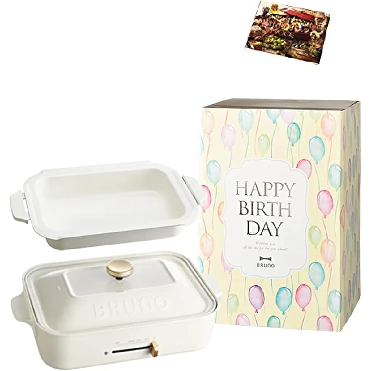 BRUNO Compact hot plate Main body 3 types of plates (Takoyaki ceramic coated pot Flat) Birthday sleeve Recipe book included White Stylish Cute This one unit Lid with lid 1200w Temperature control Easy to wash For 1 person 2 people 3 people Small Small si