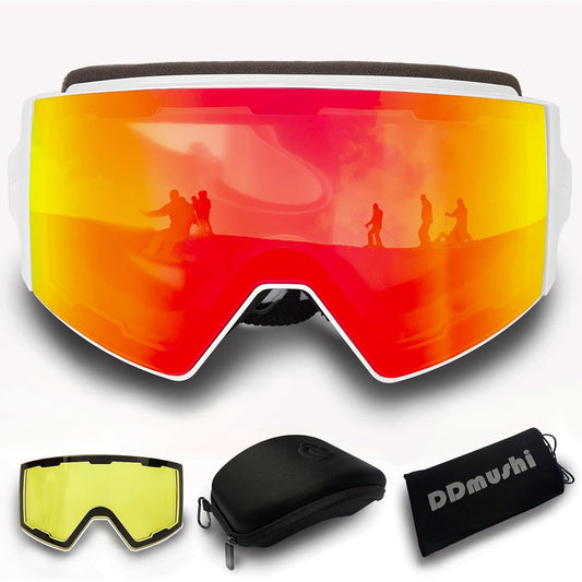 [DDmushi] Snowboarding Goggles [2024 new model] Made in Japan, ski goggles, interchangeable lenses, glasses compatible, helmet compatible (2 replacement lenses/goggle case/storage drawstring bag/Japanese manual included) for men, women, snowboarding