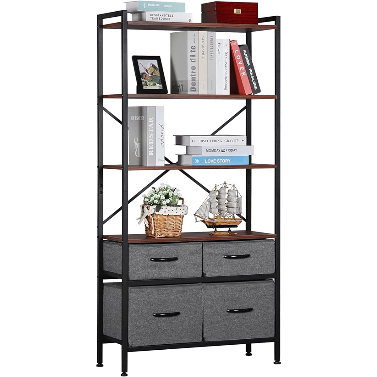 CJMM 4-Tier Bookshelf, Drawer Wooden Kitchen Shelf, Metal Storage Shelf, Living Kitchen Width Approx. 74 x Depth Approx. 29 x Height Approx. 150cm, Dark…