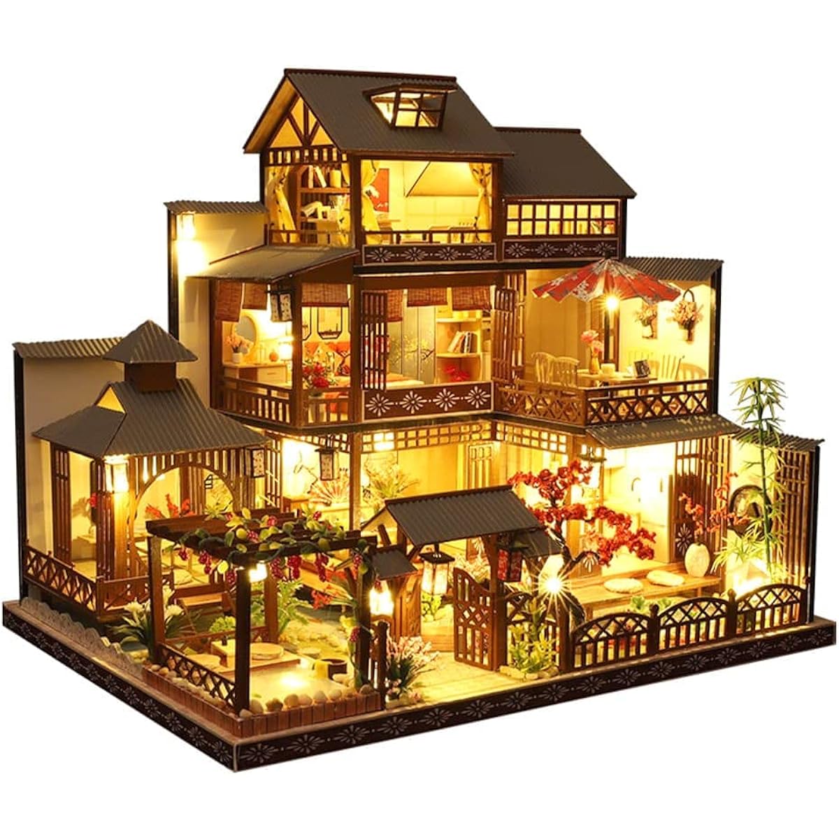 moin moin 1/24 Dollhouse Miniature Handmade Kit Set [Japanese Instruction Manual] A long-established inn with a Japanese garden with impressive maple leaves - Masami - LED light + acrylic case + music box (Pachelbel's Canon) 2208dh342