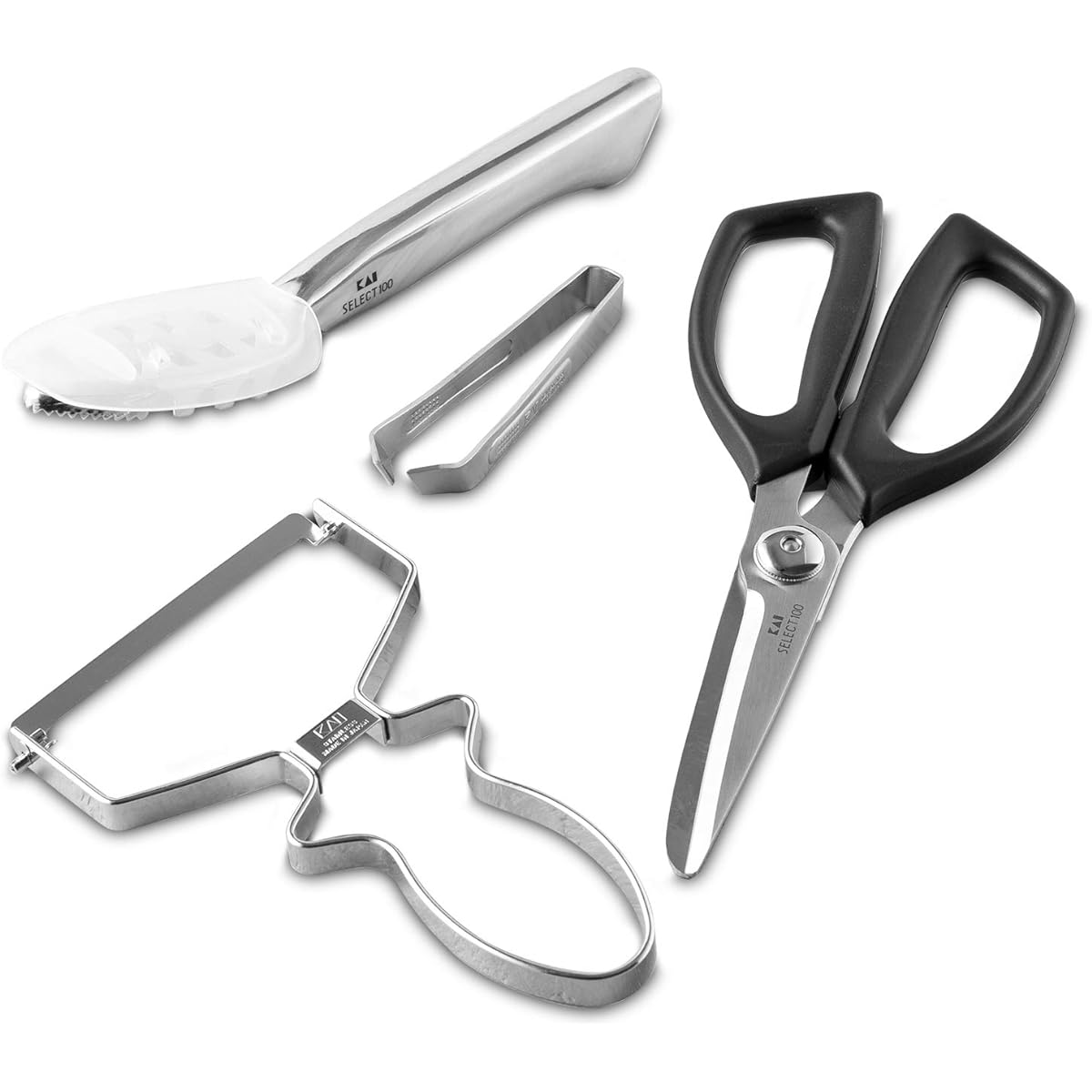KAI Fish Handling Goods 4-piece set, scale remover, bone remover, 3 small fish grated peeler, kitchen scissors
