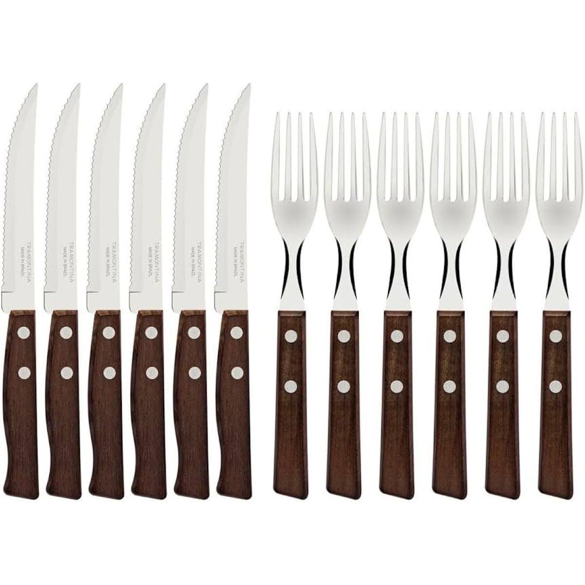 Tramontina Traditional Heavy Duty Natural Wood Handle Steak Knife 21cm & Table Fork 19cm Set of 12 3 Degree Heat Treated Knife Boxed Durable Lightweight Made in Brazil 22299/002 TRAMONTINA