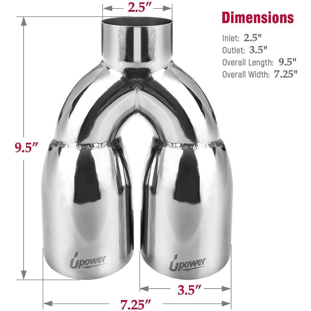 UPOWER 2.5 inches to 3.5 inch dual exhaust tip 2 1/2 inch inlet 3 1/2 inch outlet 9.5 inch glossy stainless steel exhaust tip tip thickness 1.2mm double wall tilt edge car truck
