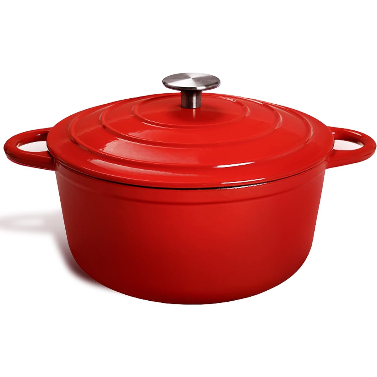 Rockwell Cast Enamel Pot, Waterless Pot, Two-handed Pot, Induction Compatible, Deep 24cm, Red, Waterless Cooking, Steam Circulation, Special Knob Shape, Non-Stick, Easy to Clean, Cast Enamel (24cm, Red)