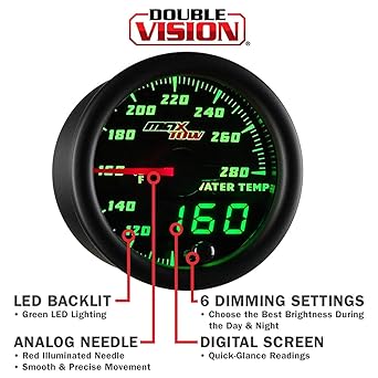 MAXTOW Double Vision 280 F Water Cooling Termeter Kit -With Electronic Sensor -Black Gauge Face -Green LED Illumination Dial -Analog & Digital Read -Trucks -2-1/16 inches 52mm