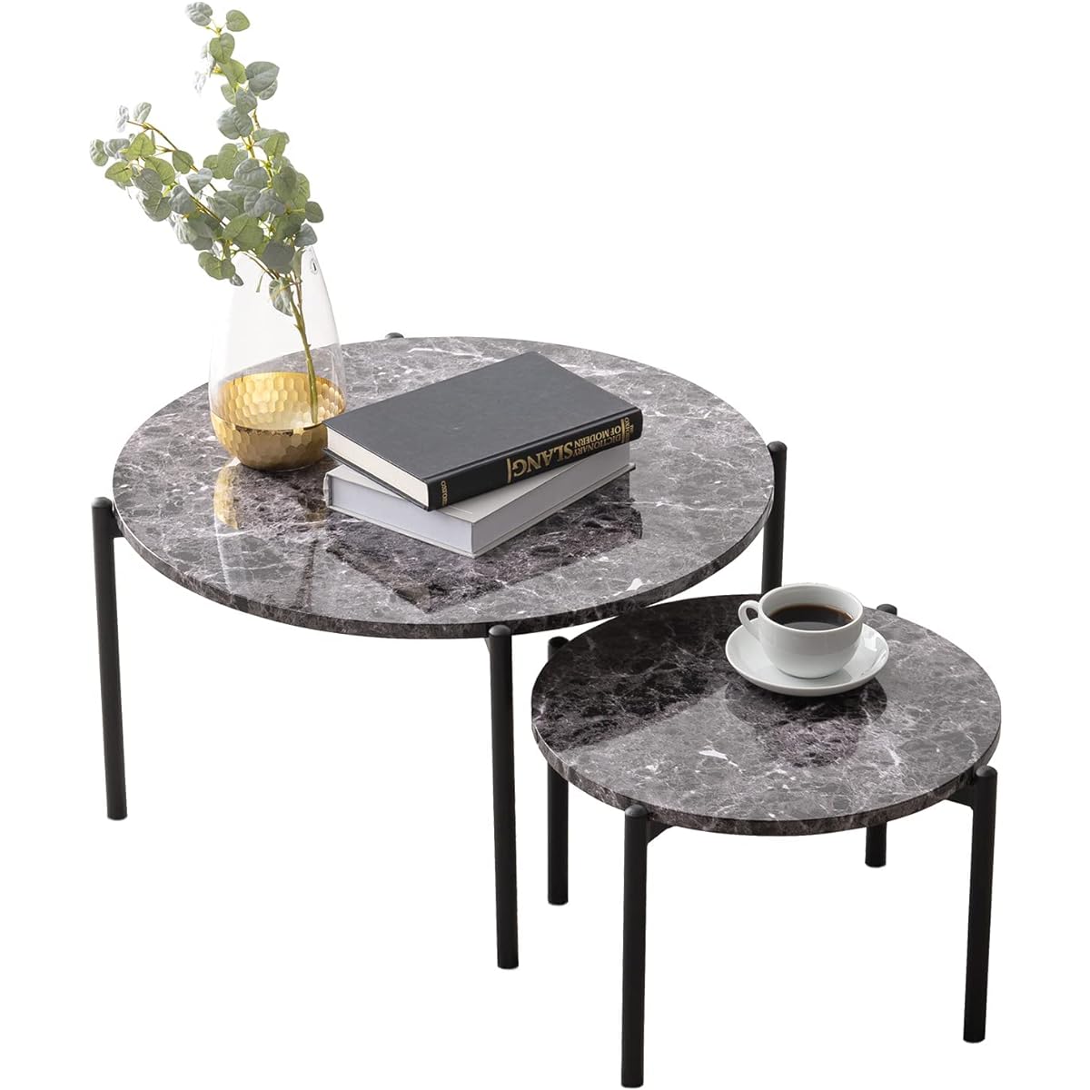 Hagihara Low Table Nest Table Round Desk [Marble Top x Steel Legs] Chic Modern Living Room Sofa Table Large/Small 2 Piece Set Black LT-4666MBK Large: Width 64 Small: Width 44