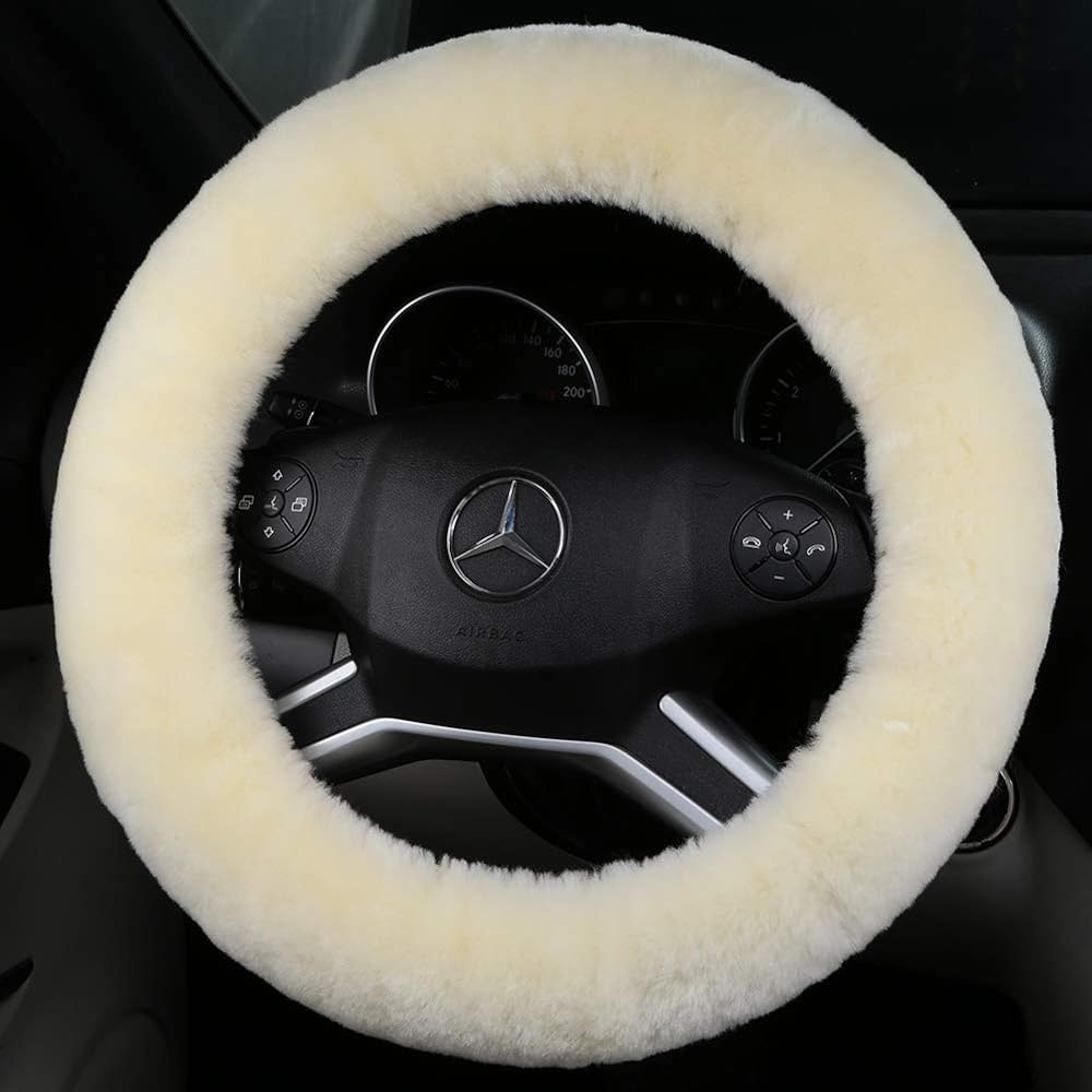 OGLAND Fluffy Natural fur Wool Skin Skin Car hand handle cover Universal steering wheel 35cm ~ 42cm Non -slip, comfortable, luxurious, soft texture (cream white)