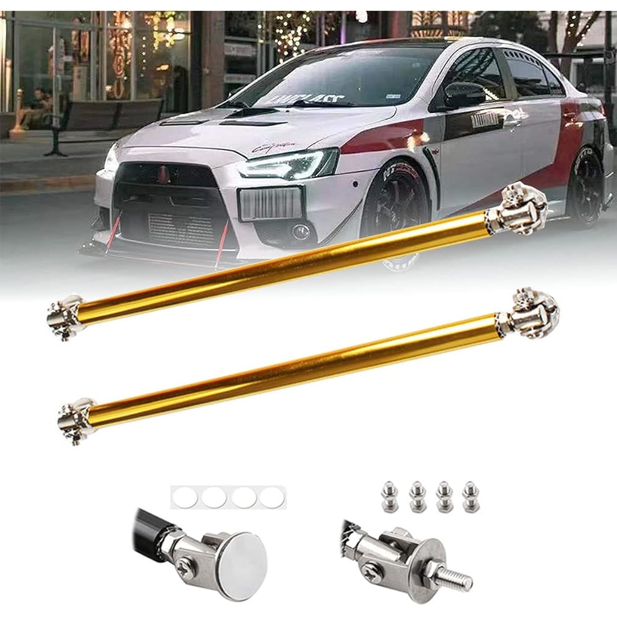 Front bumper lip splitter strut rod tie bar support rod adjustable Most vehicles (3.9 inch gold) 2 pieces