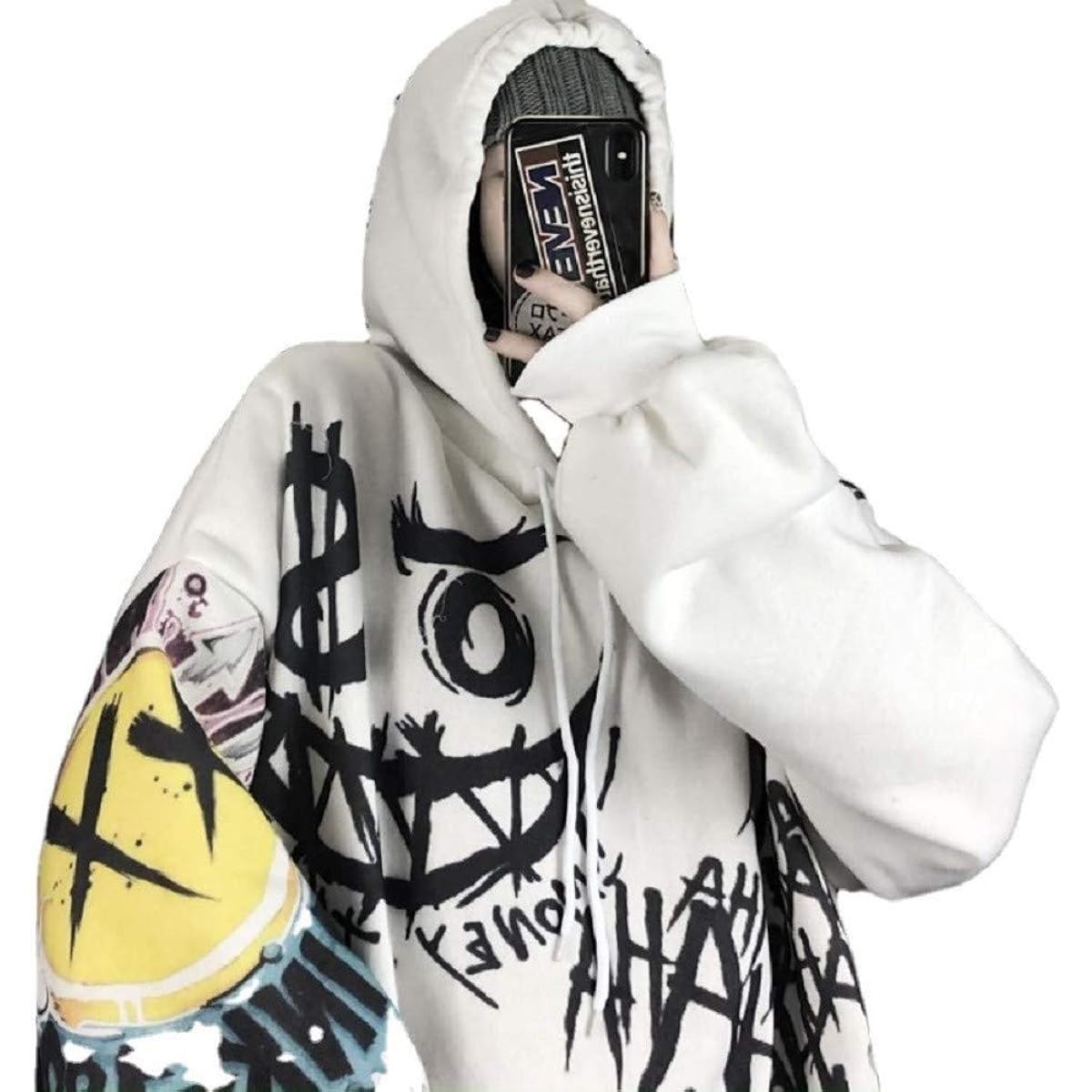 Hoodie Graffiti Smile Nico Big Silhouette Hoodie Korean Fashion Top Pullover Hooded Women's Men's Long Parka Loose Autumn/Winter Parka Street American Style America London England Back Alley